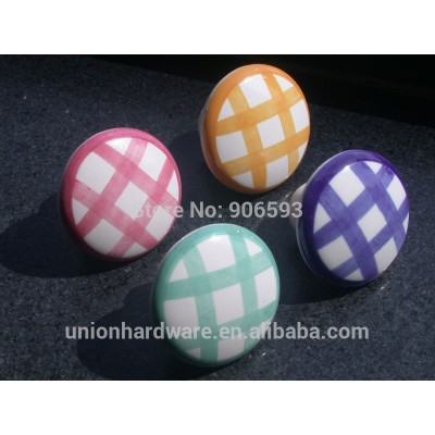 Wholesale Porcelain glaze plaid pattern round ceramic furniture knob